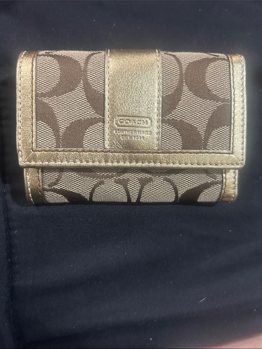Coach Brown Signature Card Holder with Metallic Gold Trim